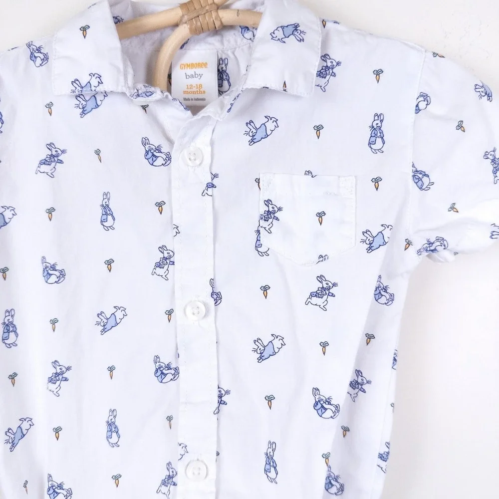 Gymboree‎ Peter Rabbit Bodysuit Baby 12-18M White Short Sleeve Button Up